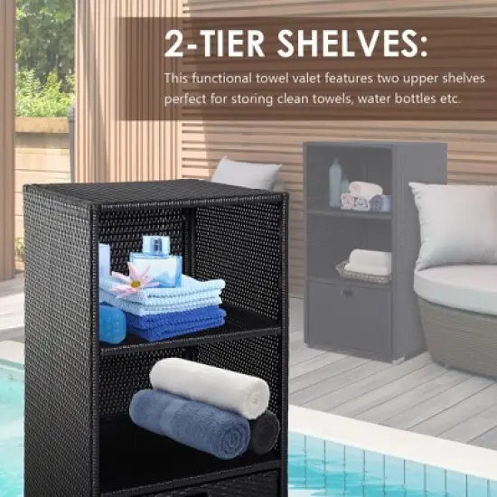 Gulches Valet Pool Towel Rack, Waterproof PE Plastic Rattan Wicker Storage Organizer, Indoor Outdoor, Hot Tub Accessory Storage,2 Shelves, Espresso image {5}