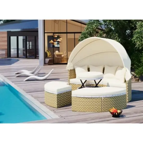 4 Piece Outdoor Wicker Patio Furniture Set,Round Sectional Sofa with Retractable Canopy,Patio Daybed with Adjustable Table,Cushions-Coolbibila image {1}