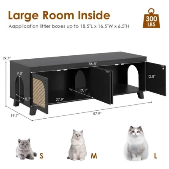 FURNIinspire Pet Crates and Houses Double Large Hidden Cat Litter Box Enclosure Furniture Cabinet with Rattan Doors, Black, 57.9"*19.7"*19.7" image {4}