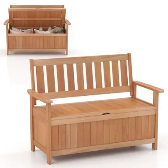 Costway 48 Inch Patio Storage Bench Wood Loveseat with Slatted Backrest for Backyard image {10}