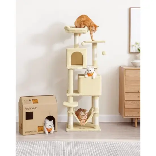 61"/75.2"H Cat Tree Cat Tower for Indoor Cats, Plush Multi-Level Cat Condo with Scratching Posts, Perches, Caves, Hammock image {2}