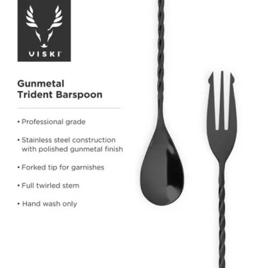 Viski Trident Barspoon with Full Twisted Stem Handle | Cocktail Spoon, Bartender Tool for Mixing Glasses, Swizzle Stick, Gunmetal Finish image {1}