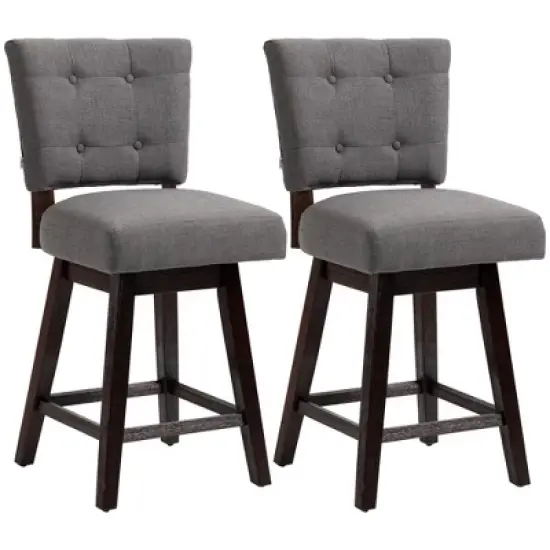 HOMCOM Swivel Bar Stools Set of 2, Fabric Tufted Counter Height Bar Stools with Rubber Wood Legs and Footrest for Dining Room, Kitchen, Pub, Dark Gray image {3}