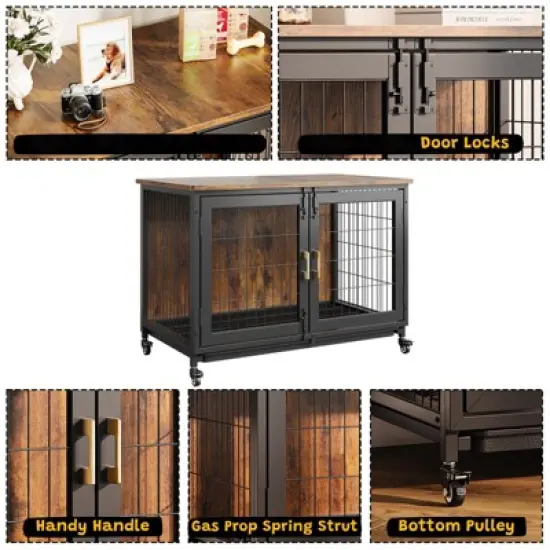 37.5" Dog Crate Furniture with Wheels, Wooden Dog Kennel with Pull Out Tray, Decorative Dog Cage End Table for Small to Medium Dogs Up to 66 Lbs image {4}