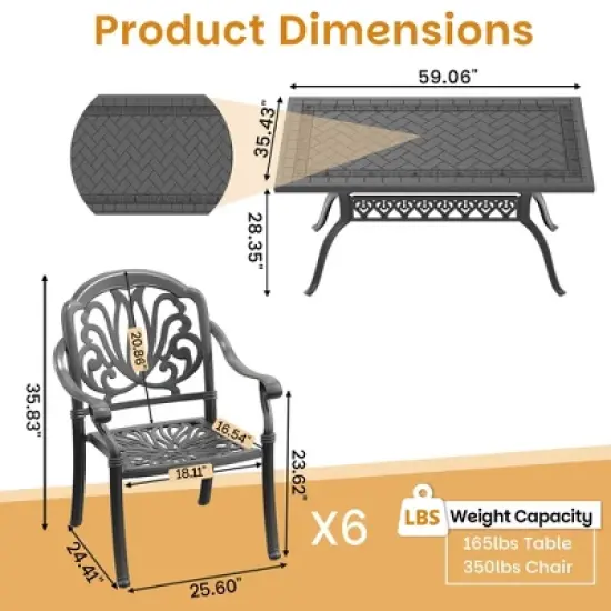 7-Piece Durable Cast Aluminum Outdoor Dining Set - Rectangle Table & Stackable Chairs Comfortable Brown Cushions - Perfect Patio & Backyard Furniture image {3}