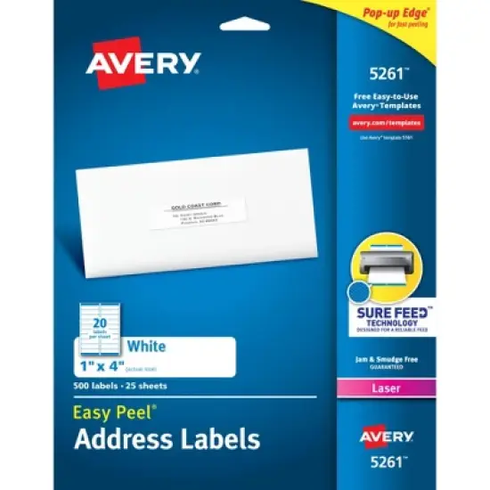 Avery Easy Peel Address Labels, Sure Feed Technology, Permanent Adhesive, 1" x 4", 500 Labels (5261) image {9}