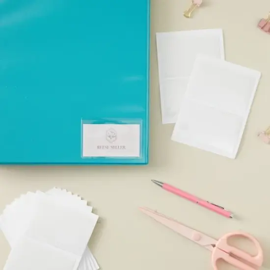 Juvale 100-Pack Clear Adhesive Business Card Holder Pockets with Self-Adhesive Top Load Plastic Protector Sleeves Labels for Labeling, 3.75x2 in image {3}