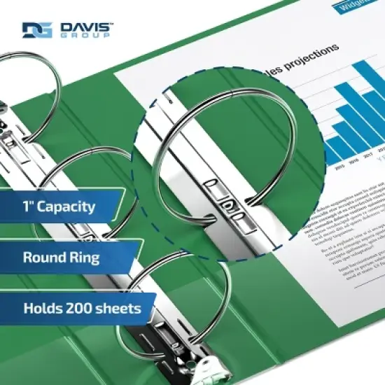 Davis Group 6pk 1" Premium Economy Round Ring Binders Green: Hard Cover, 200 Sheet Capacity, 2 Pockets, Polypropylene image {2}