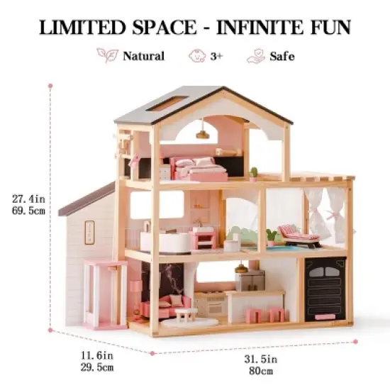 ROBOTIME Dollhouses Wooden Doll House, Toy Furniture Set, Toddler Doll House for 3 Year Old, Kids Doll House ,Girls Gifts, Black, 11.6"*31.5"*27.4" image {2}