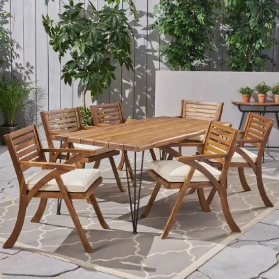 GDFStudio Tongass Outdoor Acacia Wood and Iron 7 Piece Dining Set with Cushion, Teak and Cream image {1}