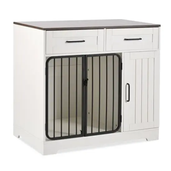 APRILSOUL 37.4" Dog Crate Furniture, Indoor Kennel with 2 Drawers & Storage Cabinet, Modern Side End Table, Small/Medium Dogs White image {5}