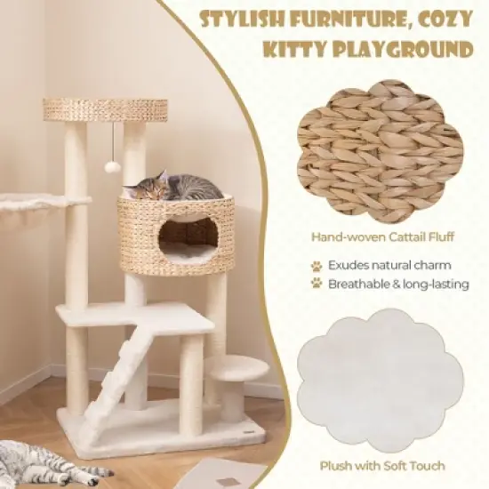 Tangkula Modern Cat Tower w/ Cattail Fluff Condo & Top Perch Sisal Scratching Posts image {3}