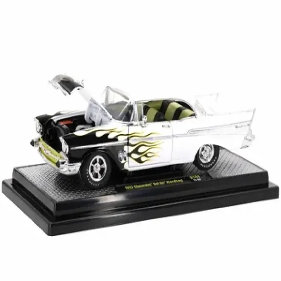 1957 Chevrolet Bel Air Hardtop Bright White with Flames "Mooneyes" Limited Ed to 6450 pcs 1/24 Diecast Model Car by M2 Machines image {1}