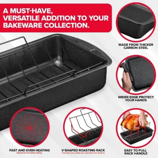 BAKKEN Nonstick Turkey Roasting Pan with Rack &ndash; 17 X 13 inch,  Large Heavy-Duty Carbon Steel Roasting Pan, Oven Safe Up to 450&deg;F, Gray Marble image {3}