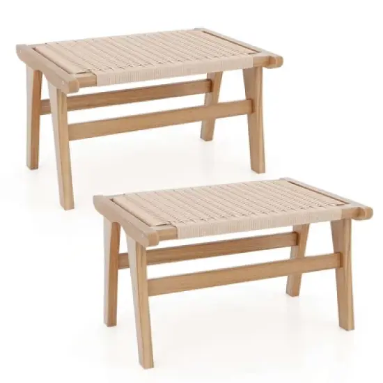 Costway 1/2 PCS Teak Wood Ottoman Footstool with Braided Rope for Living Room Bedroom Office image {9}