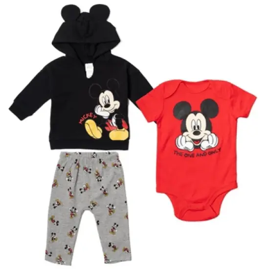 Disney Classics Mickey Mouse Winnie the Pooh Baby Hoodie Bodysuit and Pants 3 Piece Outfit Set Newborn to Infant image {9}