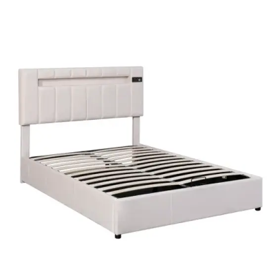 Upholstered Bed with LED light, Bluetooth Player and USB Charging, Hydraulic Storage Bed in Velvet Fabric-ModernLuxe image {4}