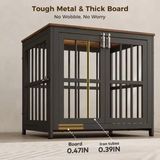 XBRIGH 26in Dog Crate with Lock & Double Door, Wooden Kennel End Table for Small/Medium Dogs, Aged Black image {5}