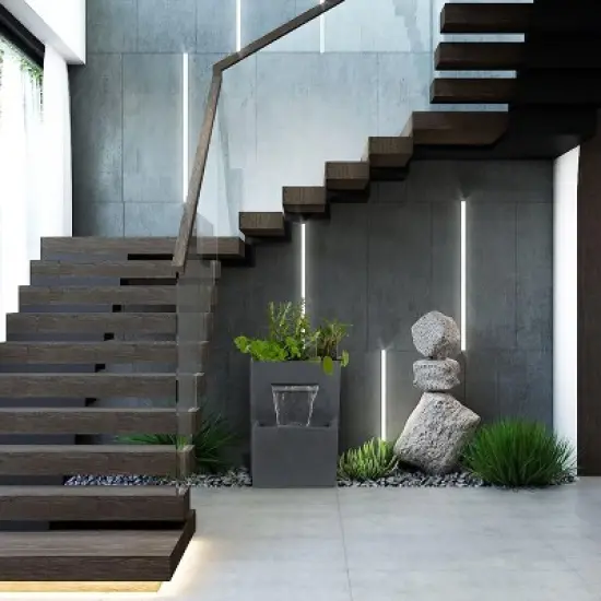 LuxenHome 32" H Resin Modern Waterfall Outdoor Fountain with Planter, Outdoor Water Fountain Indoor and Outdoor Use Gray image {2}