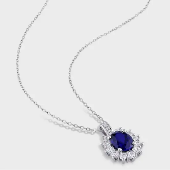 0.02 CT. T.W. Diamond And Sapphire Silver Pendant Necklace - White image {1}