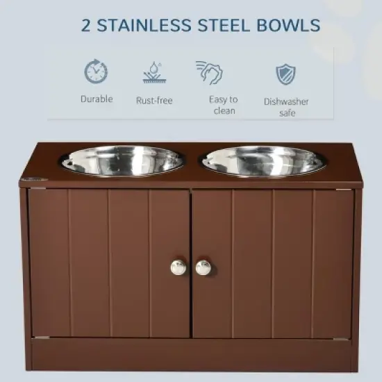 INFURNIC Pet Bowl Large Elevated Feeding Station with Storage Cabinet Magnetic Closure Stainless Steel Bowls, Brown, 23.5"*11.8"*14" image {1}