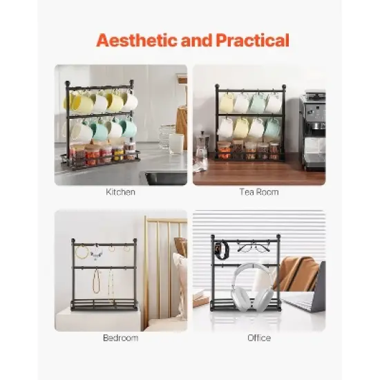 VEVOR Coffee Mug Holder for Countertop, 16 Hooks Coffee Cup Holder with Storage Base, 2 Tier Carbon Steel Mug Display Stand, Matte Black image {4}