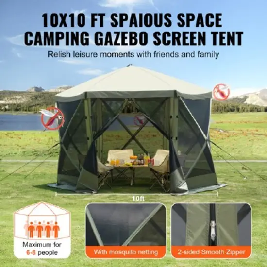 VEVOR Pop Up Gazebo Tent, Pop-Up Screen Tent 6 Sided Canopy Sun Shelter, 10x10FT Quick Set Screen Tent with Mosquito Netting, Army Green image {6}