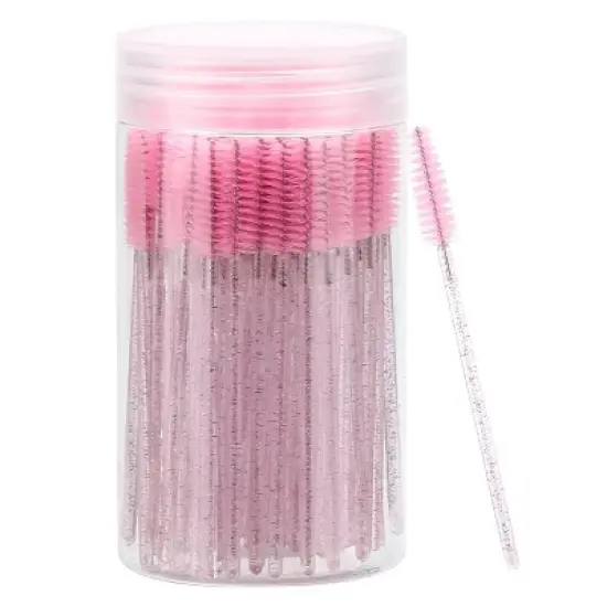 100 Pcs Disposable Mascara Wands, Crystal Eyebrow Spoolies Brush for Eyelash Extensions, Pink Lash Brushes with Container image {6}