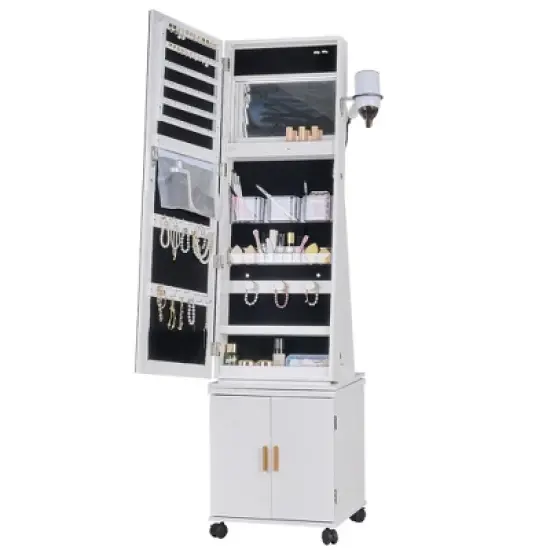 VECELO Mirrored Jewelry Cabinet 360&deg; Swivel Freestanding Jewelry Organizer LED-Lit Makeup Organizer with Bottom Storage Cabinet, White image {3}