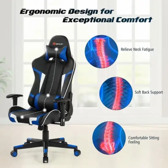 Costway Massage Gaming Chair Reclining Swivel Racing Office Chair w/Lumbar Support White\Blue\Grey\Red image {6}