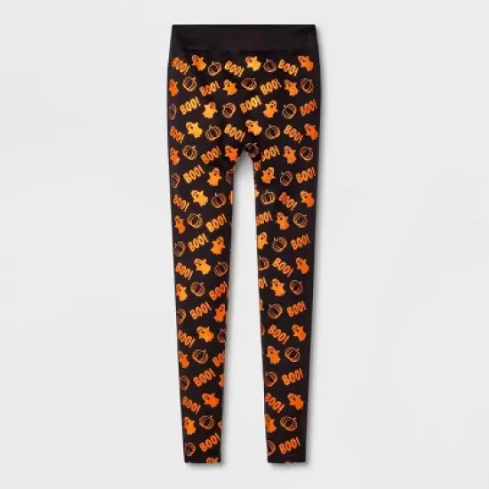 Women's Foil Printed "Boo!" Halloween Seamless Fleece Lined Leggings - Hyde & EEK! Boutique&trade; Black/Orange image {4}