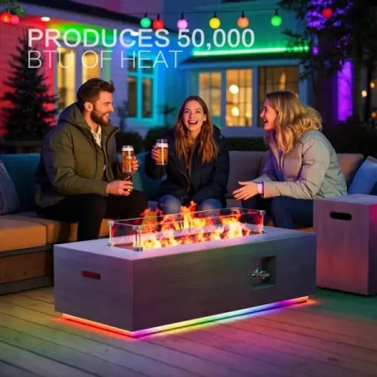 Evita 50,000 BTU Outdoor Fire Pit Table with LED Light, Propane Tank, Windshield, Glass Stone and Rain Cover-42*20*12 Inch, Brown image {2}