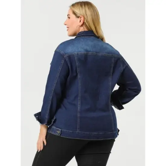 Agnes Orinda Women's Plus Size Outerwear Button Front Washed Denim Jean Jacket image {4}