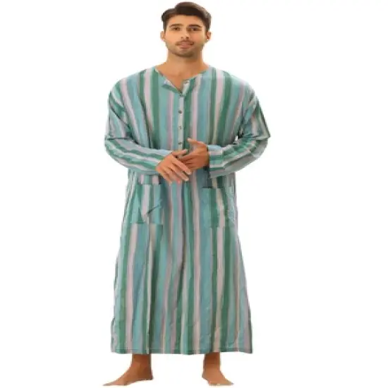 Lars Amadeus Men's Long Sleeves Button Striped Nightgown with Pockets image {6}