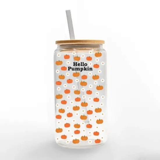 Creative Products Hello Pumpkin Daisy Pattern 16 oz. Glass Can Cup image {1}