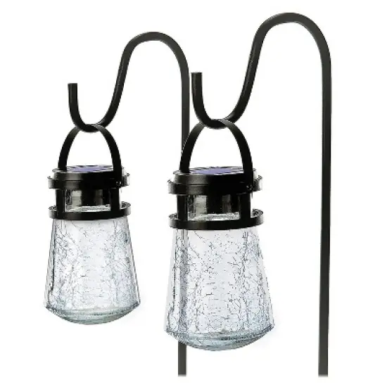 Home Zone Security&reg; 10-Lumen Solar Crackle-Glass LED Lantern Path Lights with Shepherd Hook, 2 Pack in Black image {1}