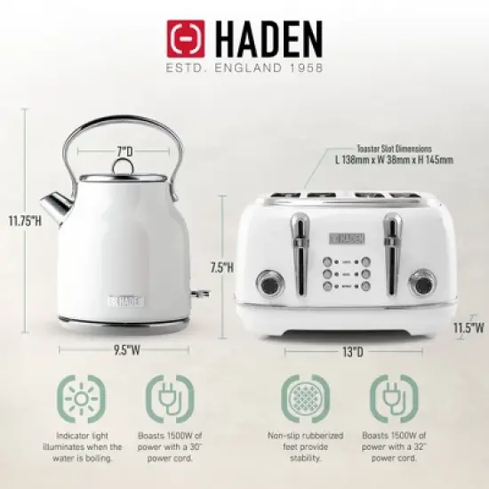 Haden Heritage 75012 1.7 Liter Stainless Steel Body Retro Electric Tea Kettle & Haden Heritage 75013 4 Slice Wide Slot Retro Toaster, Ivory White image {4}