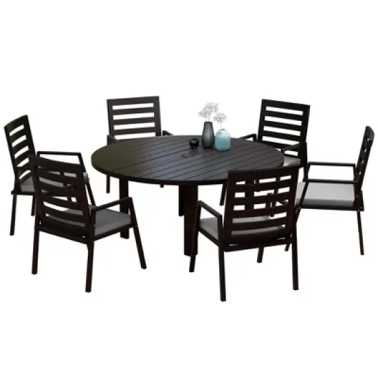 LeisureMod Chelsea 7-Piece Patio Dining Set, 60" Round Aluminum Dining Table and 6 Dining Armchair image {20}