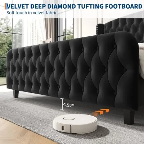 Bed Frame with Deep Button Tufted Wingback Headboard and Footboard, Velvet Upholstered Platform Frame, No Box Spring, Easy Assembly image {4}