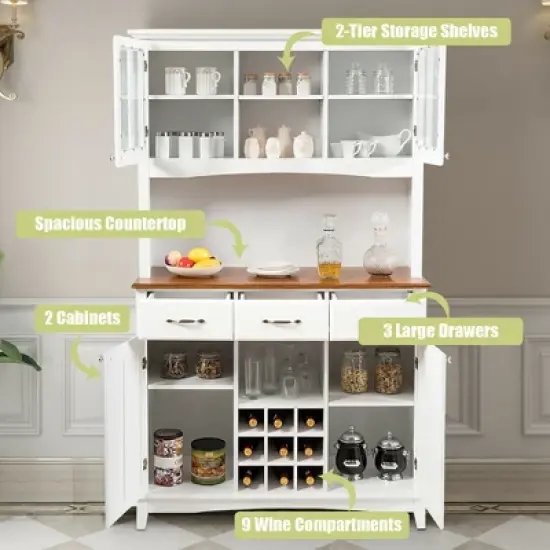 Costway Buffet And Hutch Kitchen Storage Cabinet Cupboard w/ Wine Rack & Drawers White image {6}