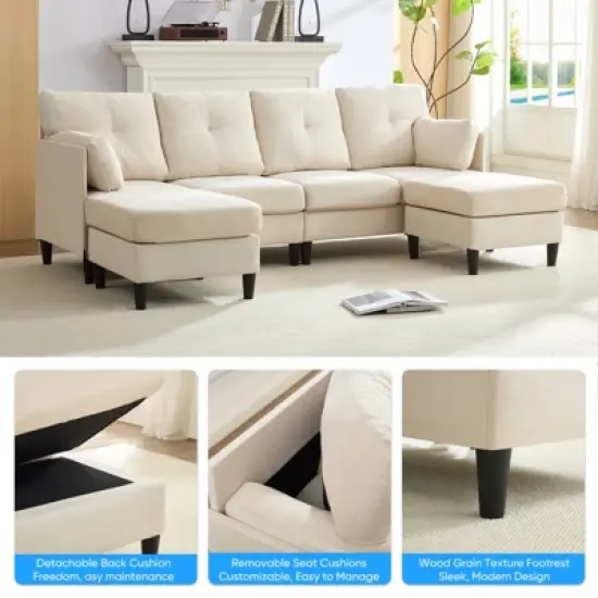 Mjkone Modular Convertible Sectional Sofa Couch, Upholstered Comfy Fabric 4-Seater Sofa with Movable Ottomans image {4}