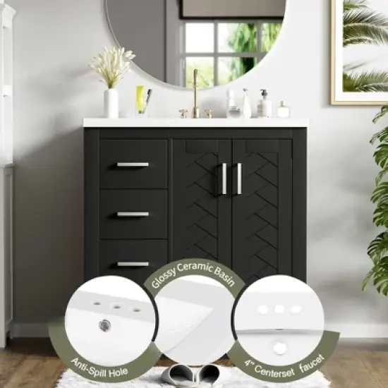 Bathroom Vanity with Ceramic Sink Combo,Solid Wood Frame Bathroom Storage Cabinet, Freestanding Vanity Set with 3 Drawers&Soft Closing Doors image {7}