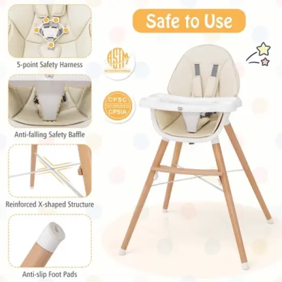 Babyjoy Baby High Chair Wooden Feeding Chair with 4-Gear Tray & Removable Cushion Beige/Grey image {5}