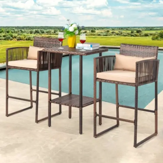 Patio 3-Piece Wicker Outdoor Bistro Set with Cushions image {3}