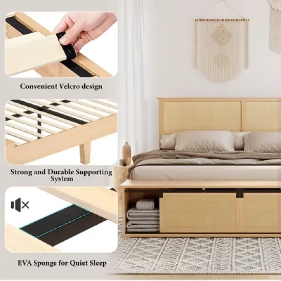 Whizmax Natural Rattan Bed Frame with Sliding Barn Door Storage Cabinets and LED Light Headboard, Boho Farmhouse Wood Platform Bed image {7}