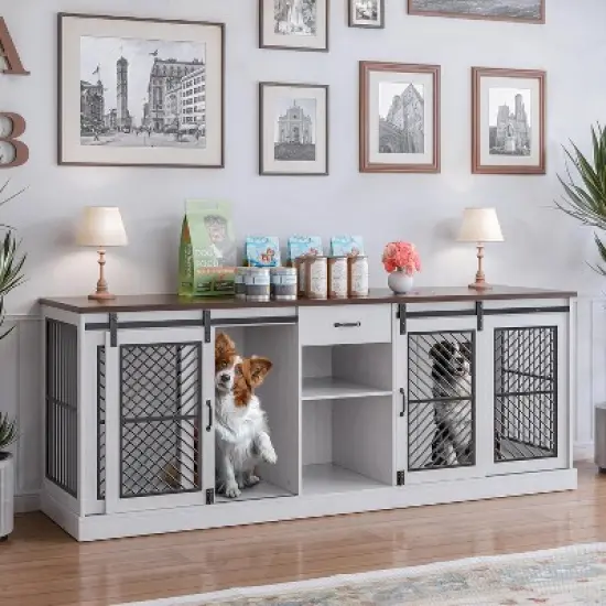 ALAULM Large Pet Crate Furniture,  Versatile Modern Design Dog Kennel, Indoor-Style Dog Cage for 2 Pets, Wooden TV Stand with Divider & Drawer Storage image {8}