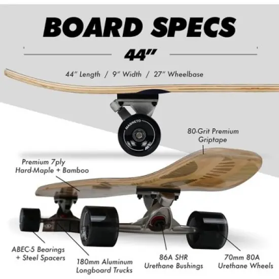 Magneto 44 inch Kicktail Cruiser Longboard Skateboard, Bamboo and Hard Maple Deck, Made for Adults, Teens and Kids (Earth Tones) image {1}