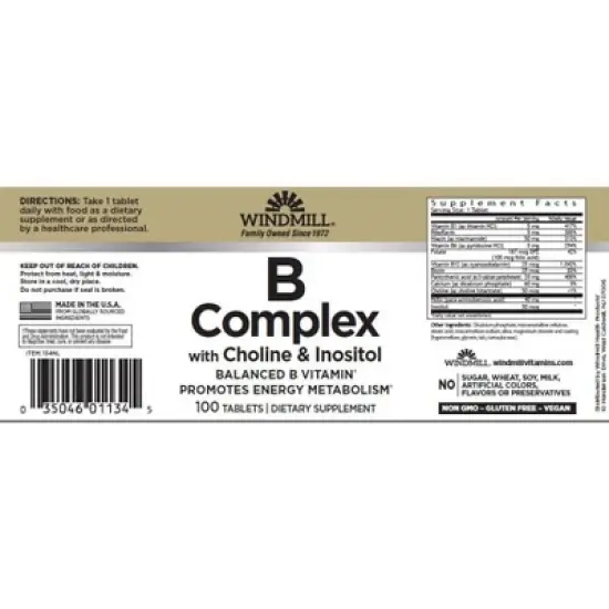 WINDMILL B COMPLEX CHOLINE/INOSITOL TABLETS 100 CT image {1}