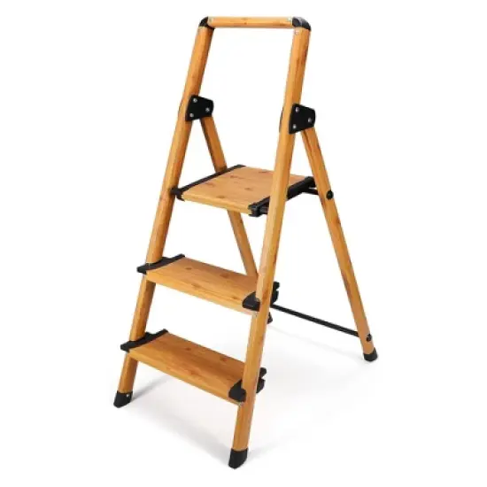 Delxo Portable Collapsible Lightweight Aluminum 3-Step Stool Stepladder with Long Handrails and Safety Latch Mechanism, Woodgrain Finish image {1}