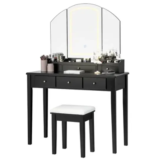 Costway Vanity Table Stool Set Large Tri-folding Lighted Mirror 6 Drawer Dresser White\Black image {9}